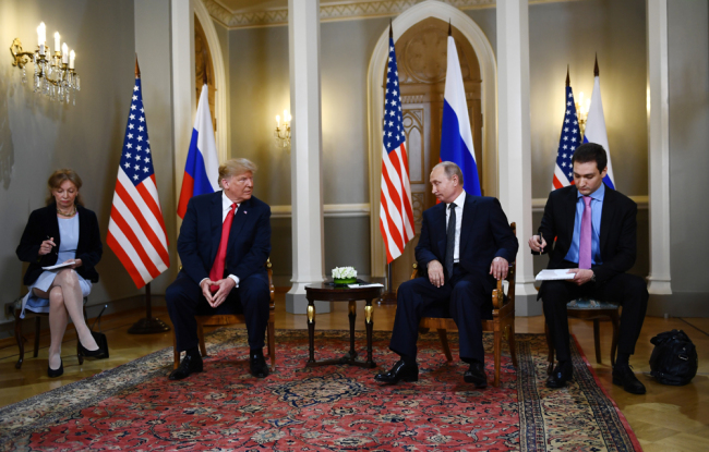 Russian President Vladimir Putin (2R) and US President Donald Trump (2L) attend a meeting in Helsinki, on July 16, 2018. [Photo: AFP/Brendan Smialowski]