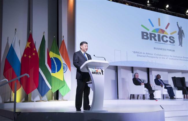 Chinese President Xi Jinping delivers a speech titled "Keeping Abreast of the Trend of the Times to Achieve Common Development" at the BRICS Business Forum in Johannesburg, South Africa, July 25, 2018. [Photo: Xinhua/Li Tao]