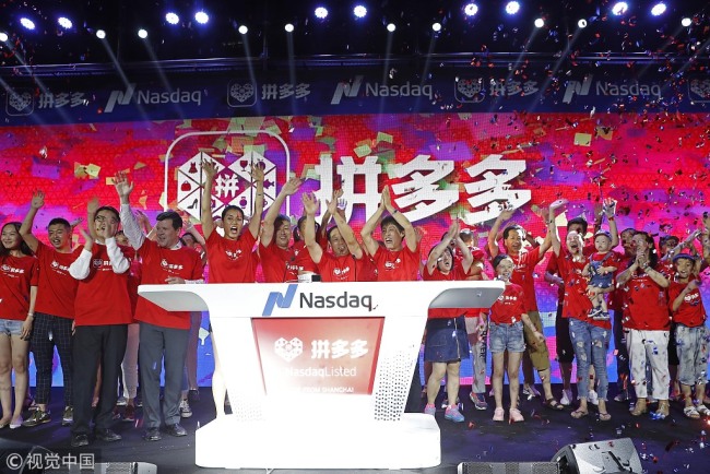 Chinese online group discounter Pinduoduo Inc. starts trading on Nasdaq Stock Market on Thursday. [Photo: VCG]