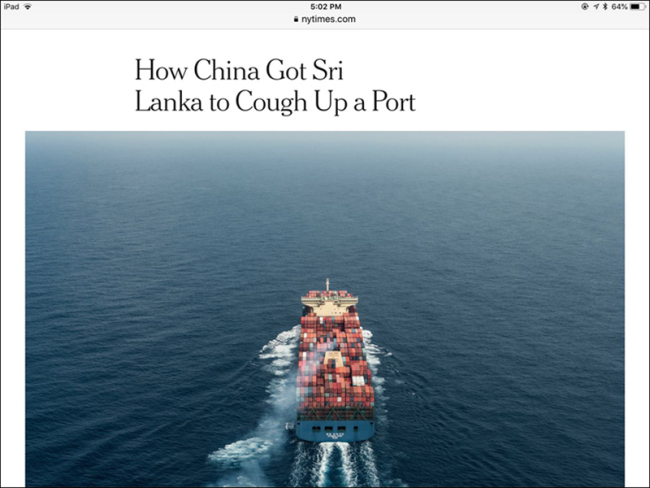 An article named “How China got Sri Lanka to cough up a port” is published on the New York Times on June 25, 2018. [Screenshot: cnfocus.com]
