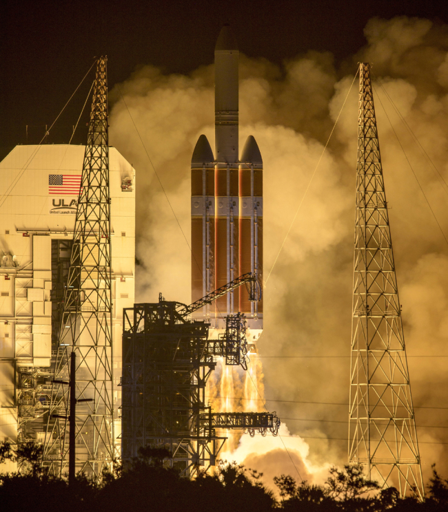 The United Launch Alliance Delta IV Heavy rocket launches NASA's Parker Solar Probe to touch the Sun, Sunday, Aug. 12, 2018 from Launch Complex 37 at Cape Canaveral Air Force Station, Florida. [Photo: Bill Ingalls/NASA via AP]