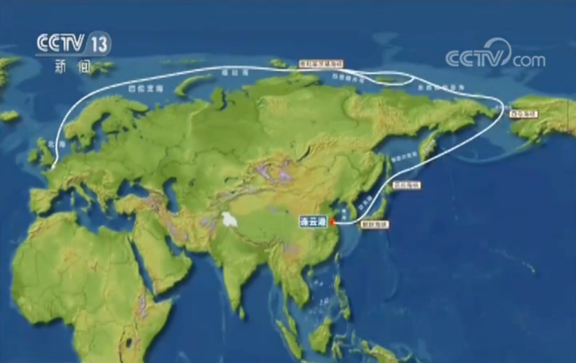A map showing the route of Tain'en beginning in China through the Arctic to Europe. [Screenshot: CCTV.com]
