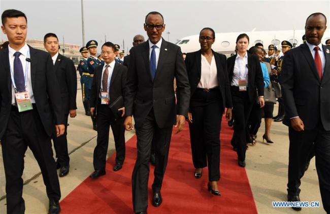 Rwandan President Paul Kagame (C, front) arrives at the Capital International Airport in Beijing, capital of China, Sept. 1, 2018. [Photo: Xinhua]