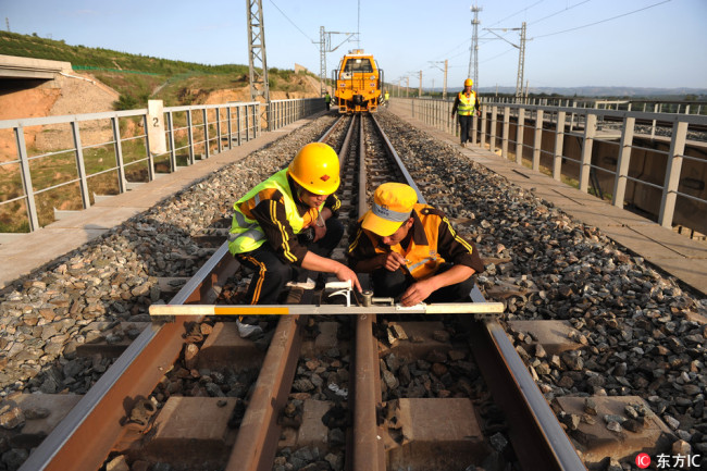 Two workers repair railways in Baotou, Inner Mongolia Autonomous region, June 27, 2018. [Photo: IC]