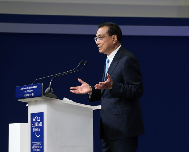 Chinese Premier Li Keqiang speaks at the opening ceremony of the Annual Meeting of the New Champions 2018, known as Summer Davos, on Wednesday, September 19, 2018. [Photo: gov.cn]