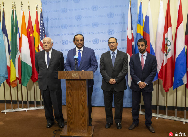 Ambassadors Iran, Palestine, Kuwait, Saudi Arabia to UN address media before Security Council meeting on Situation in Middle East including Palestinian question at United Nations Headquarters. [Photo: IC] 