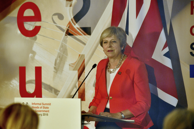British Prime Minister Theresa May speaks during a press conference after the informal EU summit in Salzburg, Austria, Thursday, Sept. 20, 2018. [Photo: AP/Kerstin Joensson]