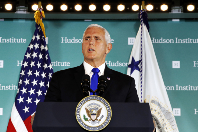 Vice President Mike Pence speaks on Oct. 4, 2018, at the Hudson Institute in Washington. [Photo: AP/Jacquelyn Martin]