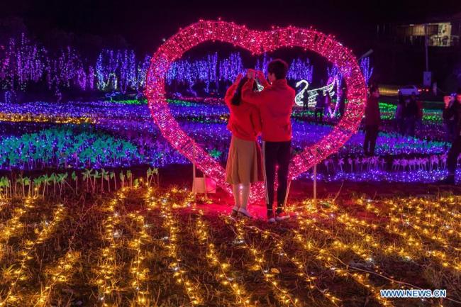 A couple visit a light show(灯光秀) at a forest park in Nanchuan District of southwest China's Chongqing, Oct. 3, 2018. (Xinhua/Qu Mingbin)