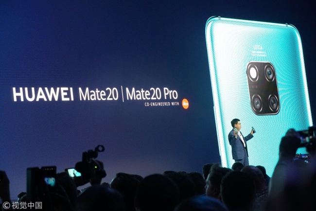 Huawei's launch for its latest flagship smartphones, the Mate 20 series, in London on Tuesday, October 16, 2018. Richard Yu, Huawei's CEO, presents the new Mate 20 and Mate 20 Pro. [Photo: VCG]