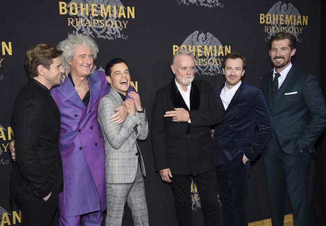 Actor Allen Leech, left, musician Brian May, actor Rami Malek, musician Roger Taylor, actor Joe Mazzello and actor Gwilym Lee pose together at the premiere of "Bohemian Rhapsody" at The Paris Theatre on Tuesday, Oct. 30, 2018, in New York. [Photo: AP]