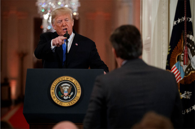 <br>President Donald Trump speaks to CNN journalist Jim Acosta during a news conference in the East Room of the White House, Wednesday, Nov. 7, 2018, in Washington. [Photo: IC]