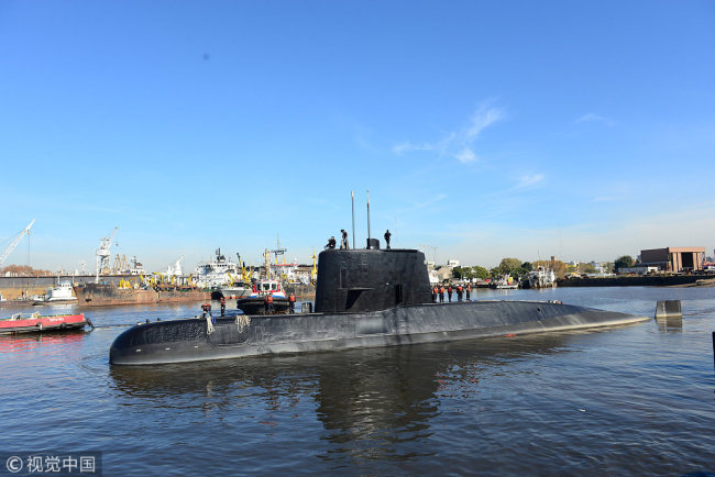 The Argentine military submarine ARA San Juan and crew are seen leaving the port of Buenos Aires, Argentina. June 2, 2014. [File photo: Argentine Navy/Handout via VCG]