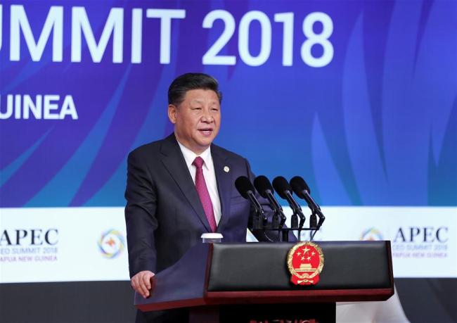 Chinese President Xi Jinping delivers a keynote speech titled Jointly Charting a Course Toward a Brighter Future while attending the Asia Pacific Economic Cooperation (APEC) CEO Summit in Port Moresby, Papua New Guinea, on Nov. 17, 2018. [Photo: Xinhua/Ju Peng]