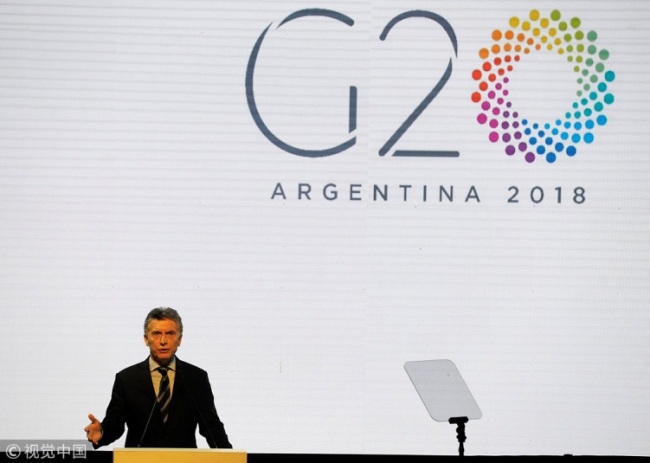 President of Argentina Mauricio Macri speaks during a ceremony to launch the Argentine G20 Presidency at Centro Cultural Kirchner (CCK) on November 30, 2017 in Buenos Aires, Argentina. [Photo: VCG]