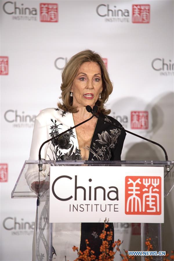 Dame Jillian Sackler, who founded the Arthur M. Sackler Museum of Art and Archaeology at China's Peking University with her late husband Dr. Arthur M. Sackler, speaks at the awarding ceremony of the annual Blue Cloud Award in New York, the United States, Nov. 28, 2018. Four individuals were honored the Blue Cloud Award by the New York-based China Institute Wednesday night for their efforts in promoting greater cross-cultural understanding between China and the United States.[Photo: Xinhua]