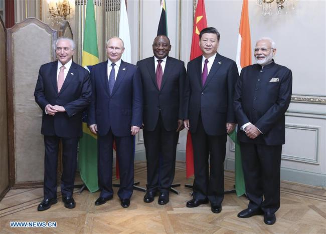 Chinese President Xi Jinping (2nd R), South African President Cyril Ramaphosa (3rd R), Brazilian President Michel Temer (1st L), Russian President Vladimir Putin (2nd L) and Indian Prime Minister Narendra Modi attend the informal meeting of the emerging economies' bloc BRICS in Buenos Aires, Argentina, Nov. 30, 2018. [Photo: Xinhua]