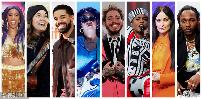 A combination photo of Grammy Award nominations in Album of the Year category: (L-R) Cardi B, Brandi Carlile, Drake, H.E.R., Post Malone, Janelle Monae, Kacey Musgraves, and Kendrick Lamar. [Photo: VCG]