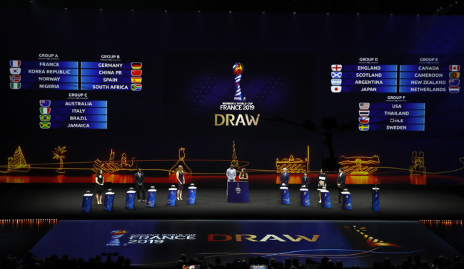 Groups are displayed during the women's soccer World Cup France 2019 draw, in Boulogne-Billancourt, outside Paris, Saturday, Dec. 8, 2018. [Photo: AP/Christophe Ena]