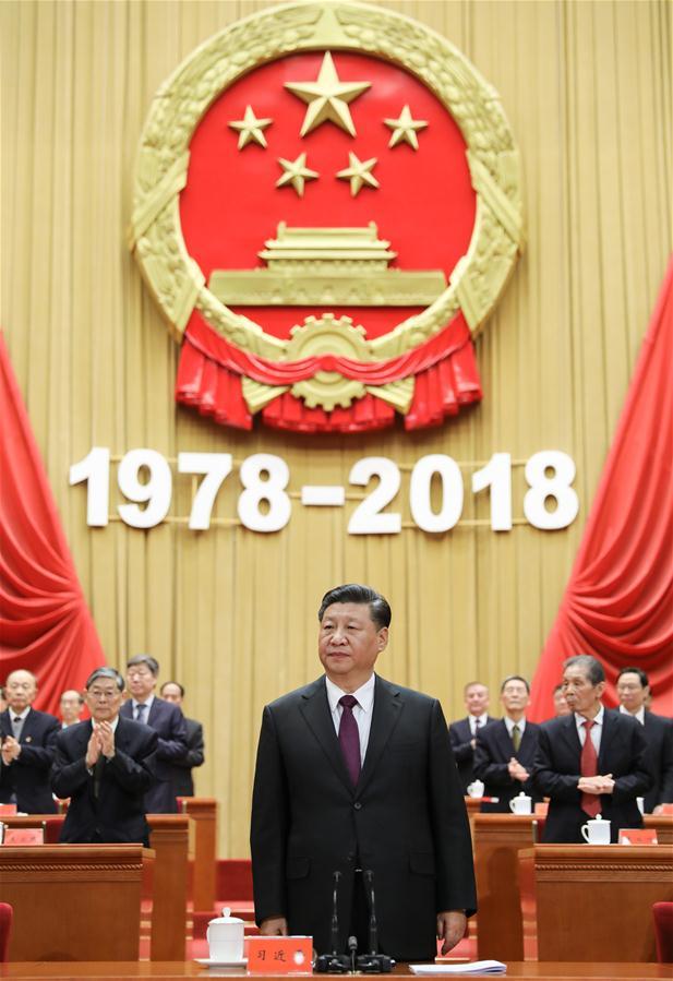 Chinese President Xi Jinping, also general secretary of the Communist Party of China (CPC) Central Committee and chairman of the Central Military Commission, attends a grand gathering to celebrate the 40th anniversary of China's reform and opening-up at the Great Hall of the People in Beijing, capital of China, Dec. 18, 2018. Xi made an important speech at the gathering. [Photo:Xinhua/Ju Peng]