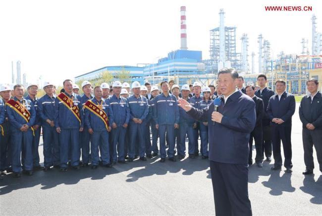 China’s President Xi Jinping, also general secretary of the Communist Party of China (CPC) Central Committee and chairman of the Central Military Commission, speaks to workers during his visit to China National Petroleum Corporation (CNPC) Liaoyang Petrochemical Company in Liaoyang, northeast China's Liaoning Province, September 27, 2018. [Photo: Xinhua]