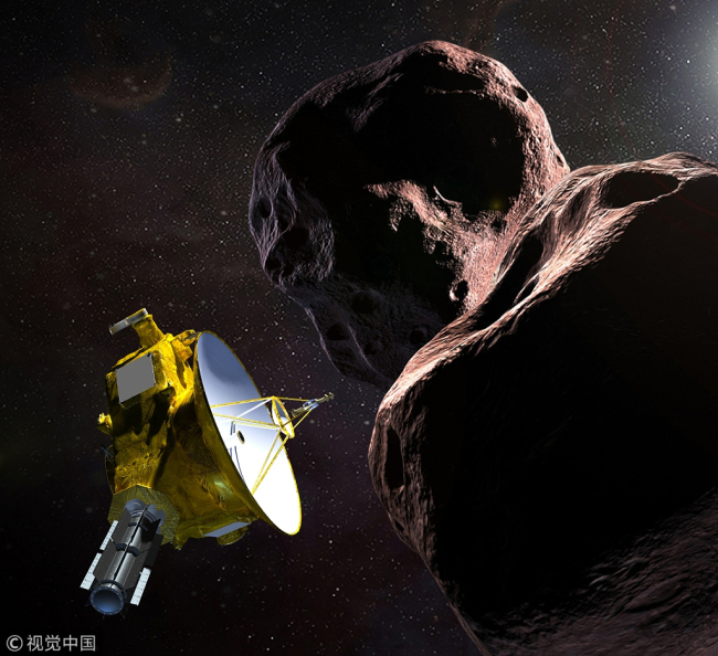 An artist's illustration released by NASA, December 21, 2018, depicting the New Horizons spacecraft passing by 2014 MU69, also known as Ultima Thule.[Photo:VCG]