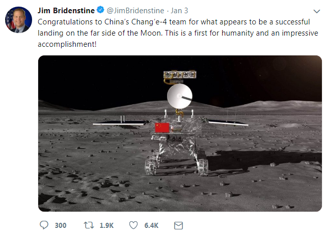 NASA's Administrator Jim Bridenstine's post [Screenshot: China Plus]