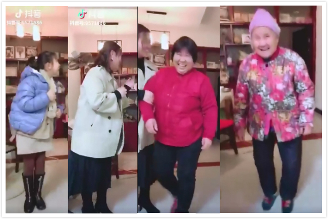 Another "Four generations under one roof" themed challenge video. [Screenshot: China Plus]