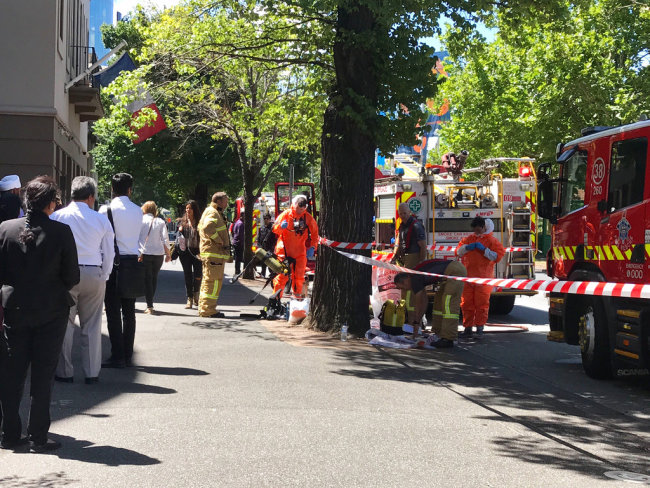 Hazmat and fire crews work outside the Indian and French Consulate in Melbourne, Australia Wednesday, Jan. 9, 2019. [Photo: Kaitlyn Offer/AAP Image via AP]