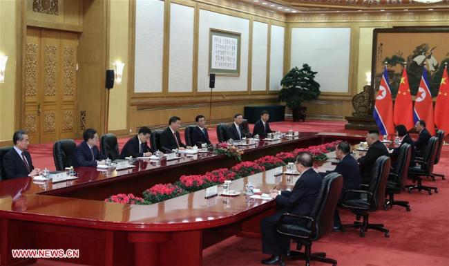 Xi Jinping, general secretary of the Central Committee of the Communist Party of China and Chinese president, holds talks with Kim Jong Un, chairman of the Workers' Party of Korea and chairman of the State Affairs Commission of the Democratic People's Republic of Korea, in Beijing, capital of China, Jan. 8, 2019. Xi Jinping on Tuesday held talks with Kim Jong Un, who arrived in Beijing on the same day for a visit to China. [Photo: Xinhua]