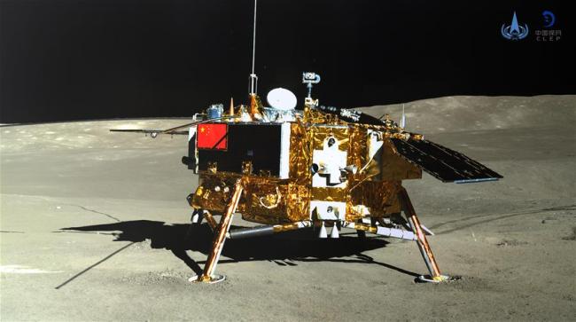 Photo taken by the rover Yutu-2 (Jade Rabbit-2) on Jan. 11, 2019 shows the lander of the Chang'e-4 probe. China announced Friday that the Chang'e-4 mission, which realized the first-ever soft-landing on the far side of the moon, was a complete success. With the assistance of the relay satellite Queqiao (Magpie Bridge), the rover Yutu-2 (Jade Rabbit-2) and the lander of the Chang'e-4 probe took photos of each other. [Photo: Xinhua/China National Space Administration]