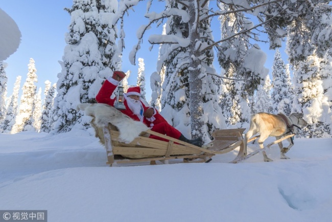 Santa Claus on reindeer sleigh in the snowy forest, Ruka (Kuusamo), Northern Ostrobothnia region, Lapland, Finland. [Photo: VCG]