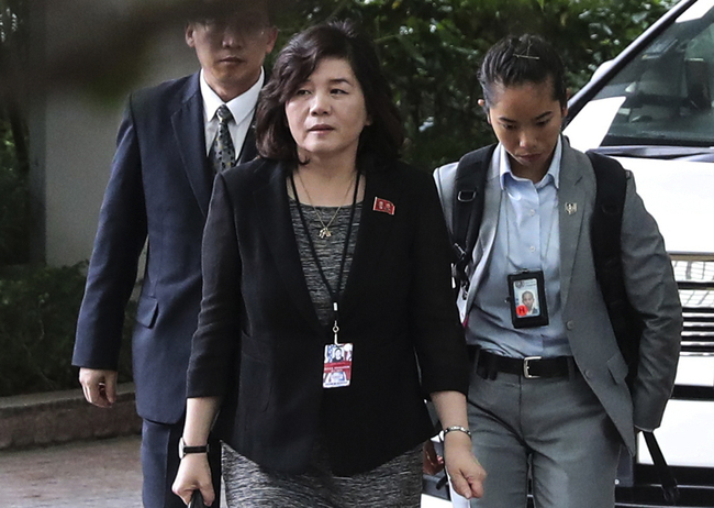 In this June 11, 2018 file photo, Choe Son Hui, vice foreign minister of the Democratic People's Republic of Korea (DPRK), center, arrives for a meeting with U.S. Ambassador to the Philippines Sung Kim at the Ritz-Carlton Millenia Hotel in Singapore ahead of the summit between U.S. President Donald Trump and DPRK top leader Kim Jong Un. [File photo: AP/Yong Teck Lim]