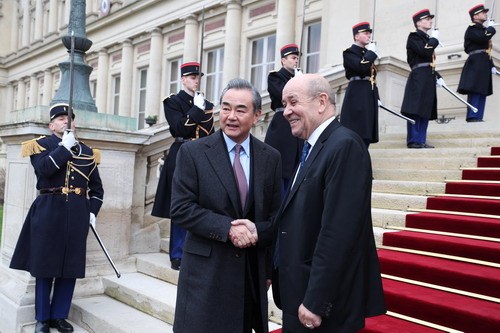 Chinese State Councilor and Foreign Minister Wang Yi meets with his French counterpart Jean-Yves Le Drian in Paris on Thursday, January 24, 2019. [Photo: fmprc.gov.cn]