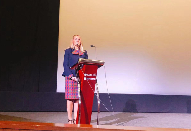 Lynsey Fusco, head of Marketing and Communications at The Royal Edinburgh Military Tattoo, speaks ahead of the premiere of Royal Edinburgh Military Tattoo in Beijing on Jan 25, 2019. [Photo provided to China Plus]