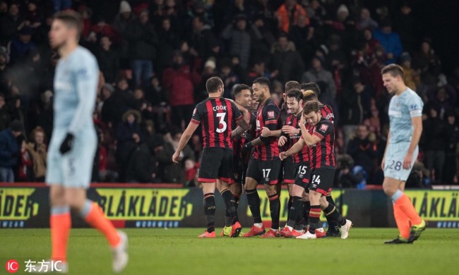 Bournemouth celebrate the fourth goal scored by Charlie Daniels of Bournemouth during the Premier League match between Bournemouth and Chelsea at the Goldsands Stadium, Bournemouth, England on 30 January 2019. [Photo: IC]