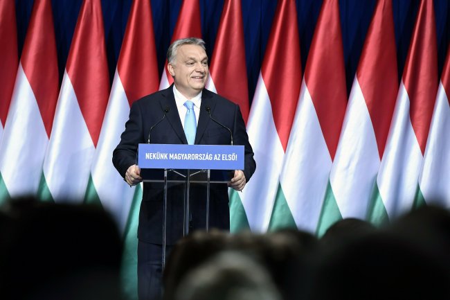 Hungarian Prime Minister Viktor Orban delivers his annual "State of Hungary" speech in Budapest, Hungary, Sunday, Feb. 10, 2019. The inscription reads: "For us Hungary is the first!"[Photo: AP]