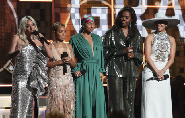 Lady Gaga, from left, Jada Pinkett Smith, Alicia Keys, Michelle Obama and Jennifer Lopez speak at the 61st annual Grammy Awards on Sunday, Feb. 10, 2019, in Los Angeles. [Photo: AP/Matt Sayles/Invision]