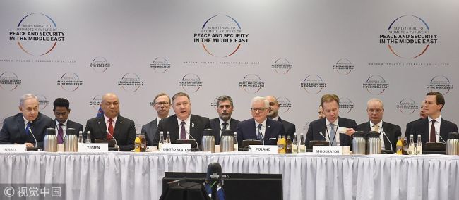 Israel's Prime Minister Benjamin Netanyahu, Yemen's Foreign Minister Khalid al-Yamani, US Secretary of State Mike Pompeo, Polish Foreign Minister Jacek Czaputowicz, moderator and White House US Senior Advisor Jared Kushner take part in a session at the conference on Peace and Security in the Middle East in Warsaw, on February 14, 2019. [Photo: VCG]