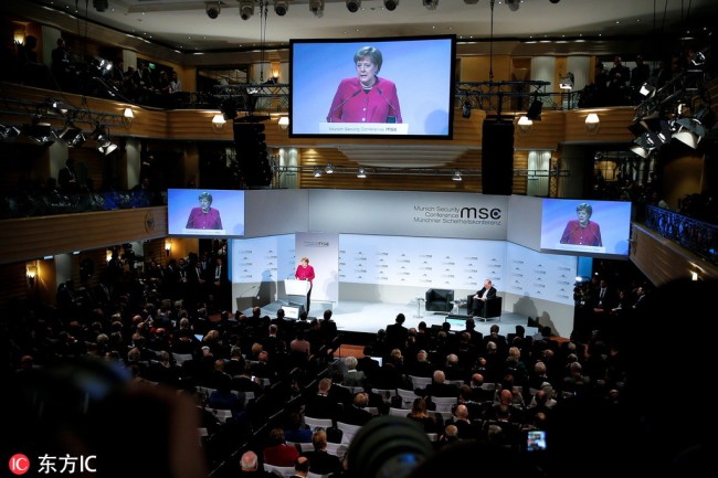 German Chancellor Angela Merkel (C, at rostrum) delivers a speech during the 55th Munich Security Conference in Munich, Germany, Feb. 16, 2019. [Photo: IC]