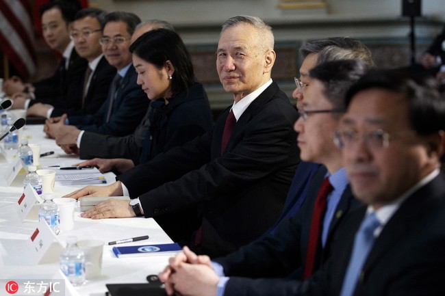 Vice Premier of the People's Republic of China Liu He (C) participates in a US-China trade talk meeting in the Indian Treaty Room of the Eisenhower Executive Office Building in Washington, DC, USA, February 21, 2019. [Photo: IC]