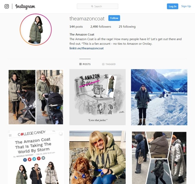 A screenshot of the Instagram account @theamazoncoat with photos of the Orolay thickened down jacket fans wearing the coat [Screenshot: China Plus]