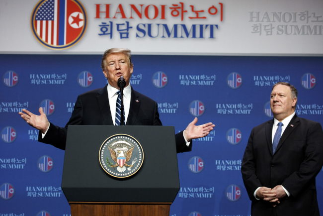 U.S. President Donald Trump speaks during a news conference after a summit with DPRK’s top leader Kim Jong Un, Feb. 28, 2019, in Hanoi. [Photo: AP/ Evan Vucci]