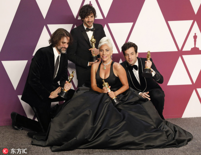 Lady Gaga, Andrew Wyatt, Anthony Rossomando and Mark Ronson, winners of the Best Original Song Awards for "Shallow" in "A Star Is Born" at the 91st Annual Academy Awards (Oscars) at the Dolby Theater in Los Angeles, Feb. 24, 2019. [Photo: IC]
