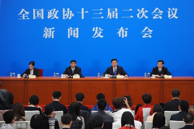 The National Committee of the Chinese People's Political Consultative Conference (CPPCC), the country's top political advisory body, holds a press conference in Beijing on Saturday, March 2, 2019. [Photo: VCG]