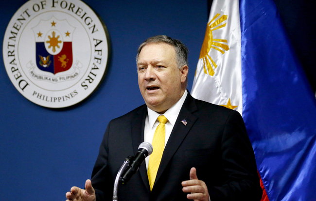 U.S. Secretary of State Mike Pompeo gestures while answering questions during their joint news conference with Philippine Foreign Affairs Secretary Teodoro Locsin Jr. in suburban Pasay city, southeast of Manila, Philippines, March 1, 2019. [Photo: AP/Bullit Marquez]