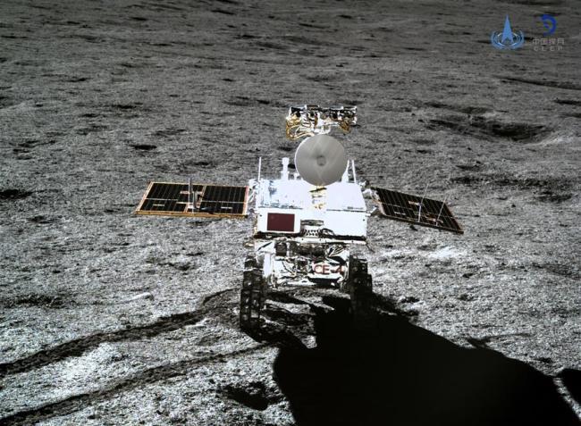 Photo taken by the lander of the Chang'e-4 probe on Jan. 11, 2019 shows the rover Yutu-2 (Jade Rabbit-2). [File photo: Xinhua/China National Space Administration]