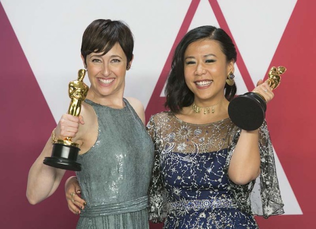 <br>Becky Neiman Cobb and Domee Shi, winners of Best Animated Short Film for 'Bao', in the press room during the 91st Annual Academy Awards at the Dolby Theater on Sunday February 24, 2019 in Hollywood, California. [Photo: IC]