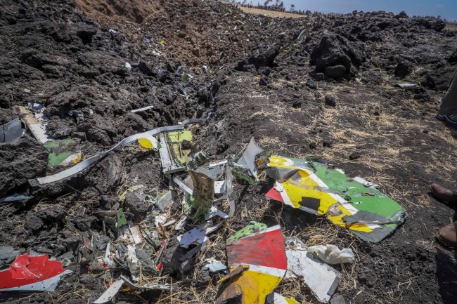 Wreckage lies at the scene of an Ethiopian Airlines flight that crashed shortly after takeoff at Hejere near Bishoftu, or Debre Zeit, some 50 kilometers (31 miles) south of Addis Ababa, in Ethiopia Sunday, March 10, 2019. [Photo: AP]