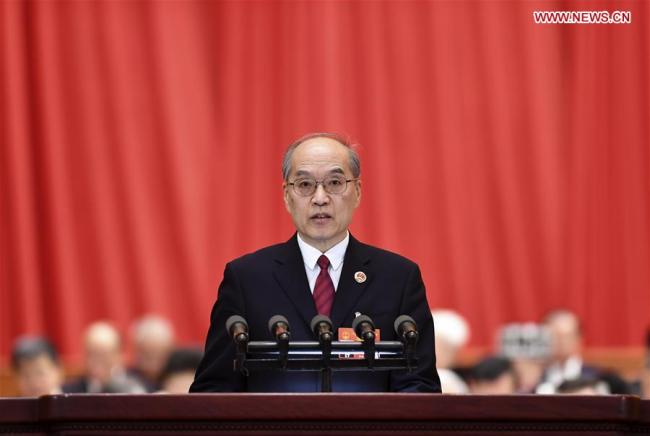 Zhang Jun, procurator-general of the Supreme People's Procuratorate (SPP), delivers a report on the SPP's work at the third plenary meeting of the second session of the 13th National People's Congress (NPC) at the Great Hall of the People in Beijing, March 12, 2019. [Photo: Xinhua/Yan Yan]